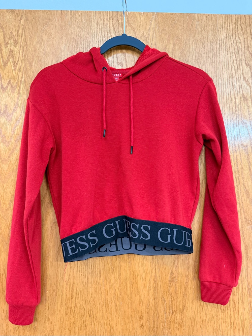 GUESS Red Cropped Hoodie with Black Logo Band